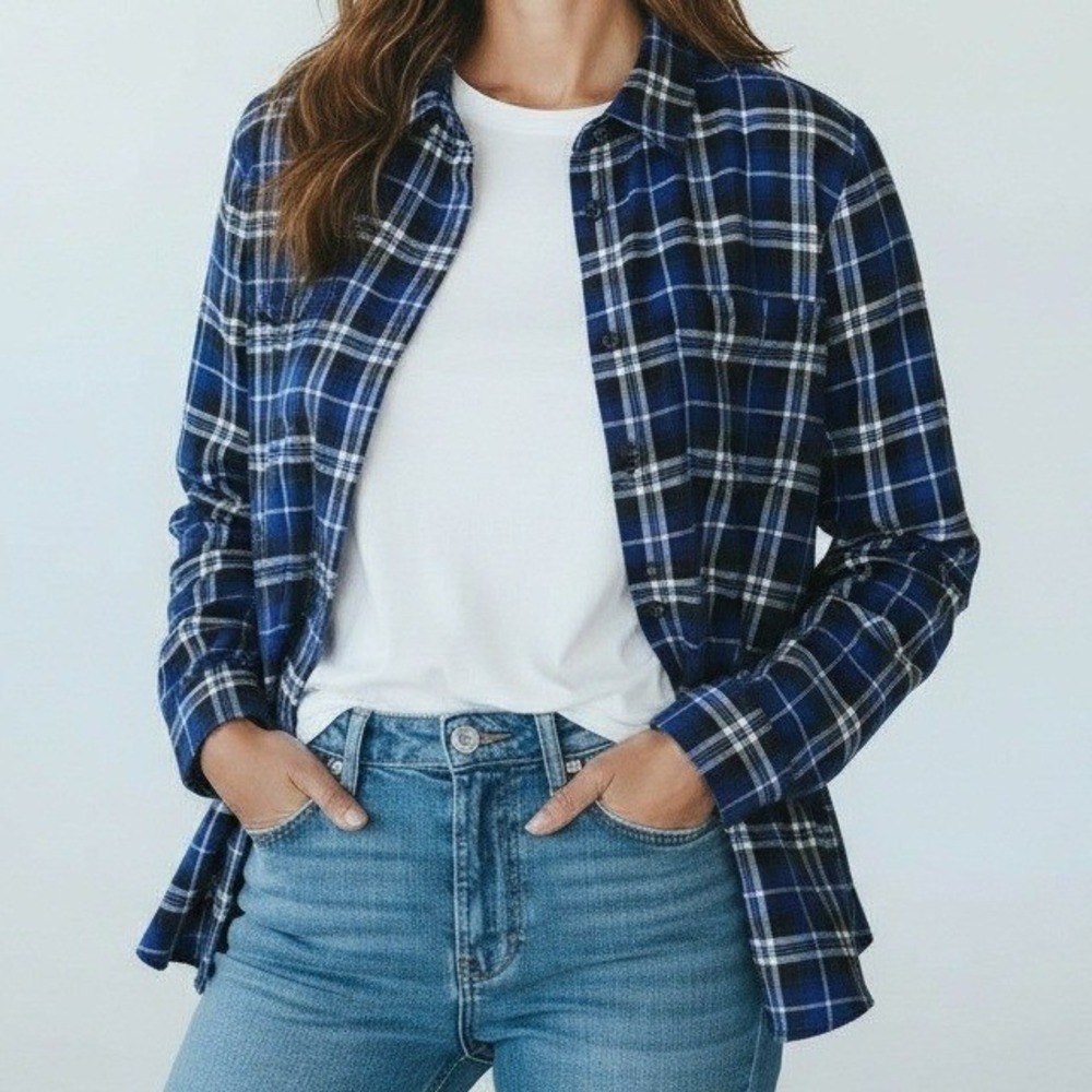 RTA Shirt‎ Women XS Blue Plaid Flannel Cotton Italian Fabric Button Up Gorpcore